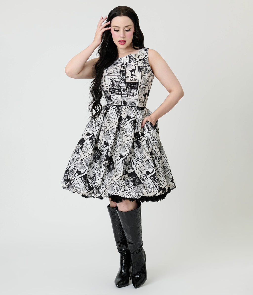 Retrolicious Black & White Spooky News Print Elizabeth Cotton Swing Dress - Unique Vintage - Womens, DRESSES, SWING