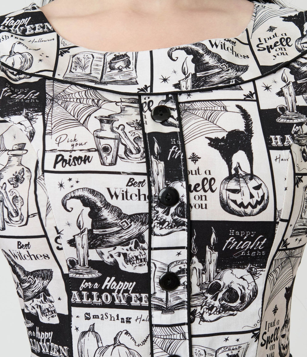 Retrolicious Black & White Spooky News Print Elizabeth Cotton Swing Dress - Unique Vintage - Womens, DRESSES, SWING