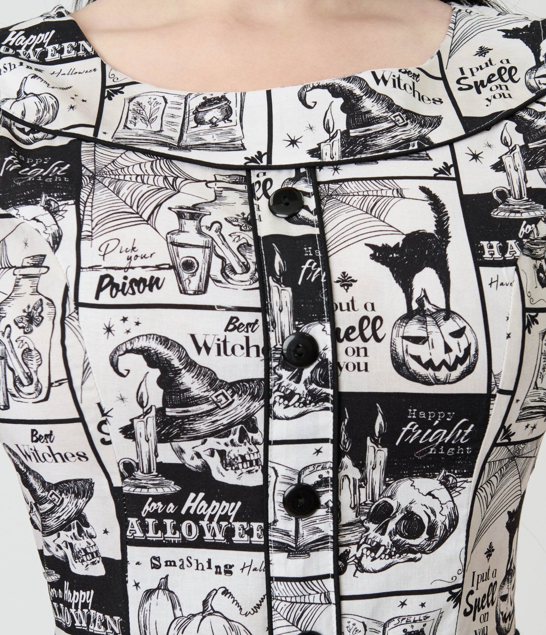Retrolicious Black & White Spooky News Print Elizabeth Cotton Swing Dress - Unique Vintage - Womens, DRESSES, SWING