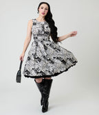 Retrolicious Black & White Spooky News Print Elizabeth Cotton Swing Dress - Unique Vintage - Womens, DRESSES, SWING