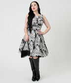 Retrolicious Black & White Spooky News Print Elizabeth Cotton Swing Dress - Unique Vintage - Womens, DRESSES, SWING