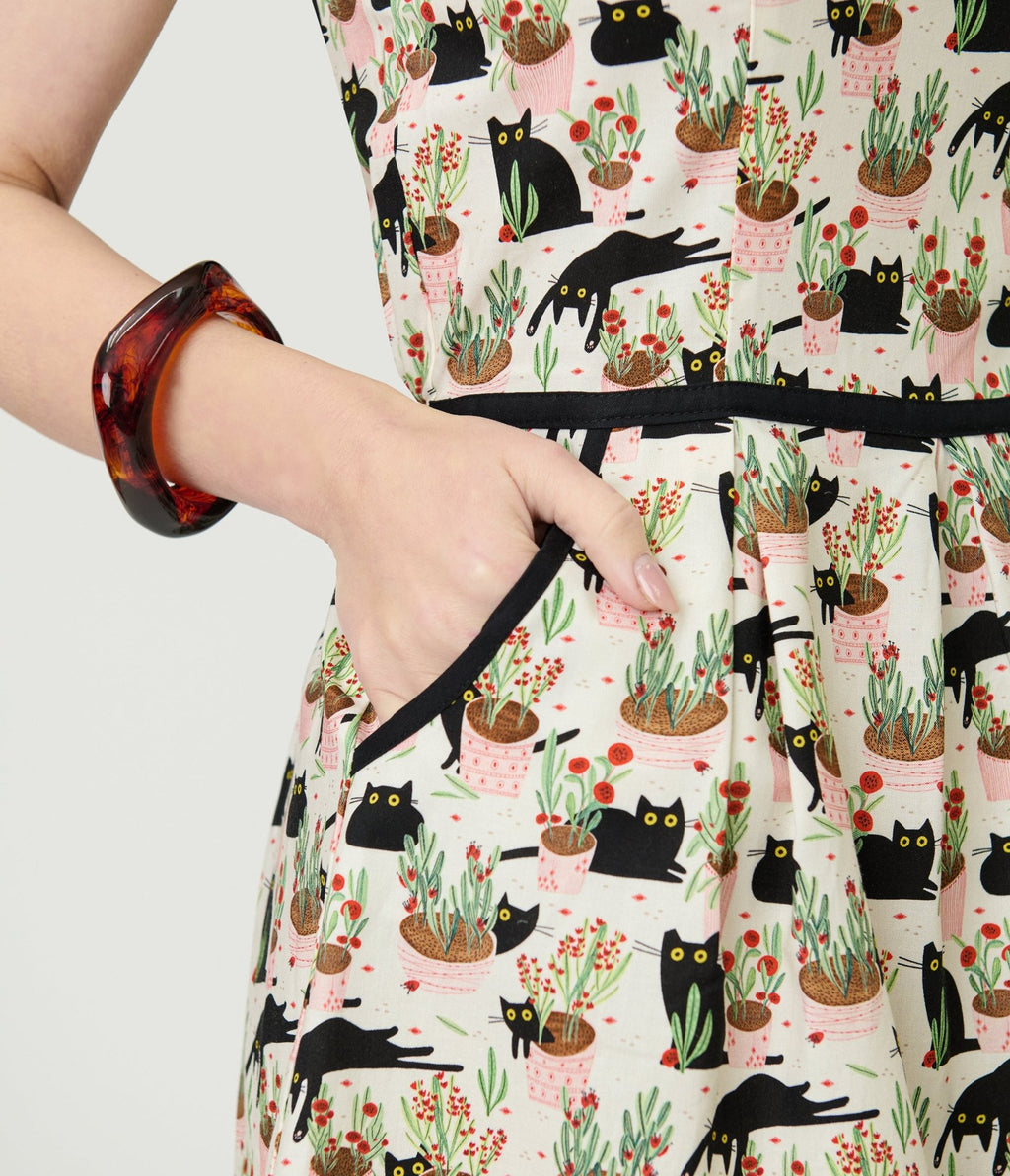 Retrolicious Blacks Cats & Plants Fit & Flare Dress - Unique Vintage - Womens, DRESSES, A - LINE