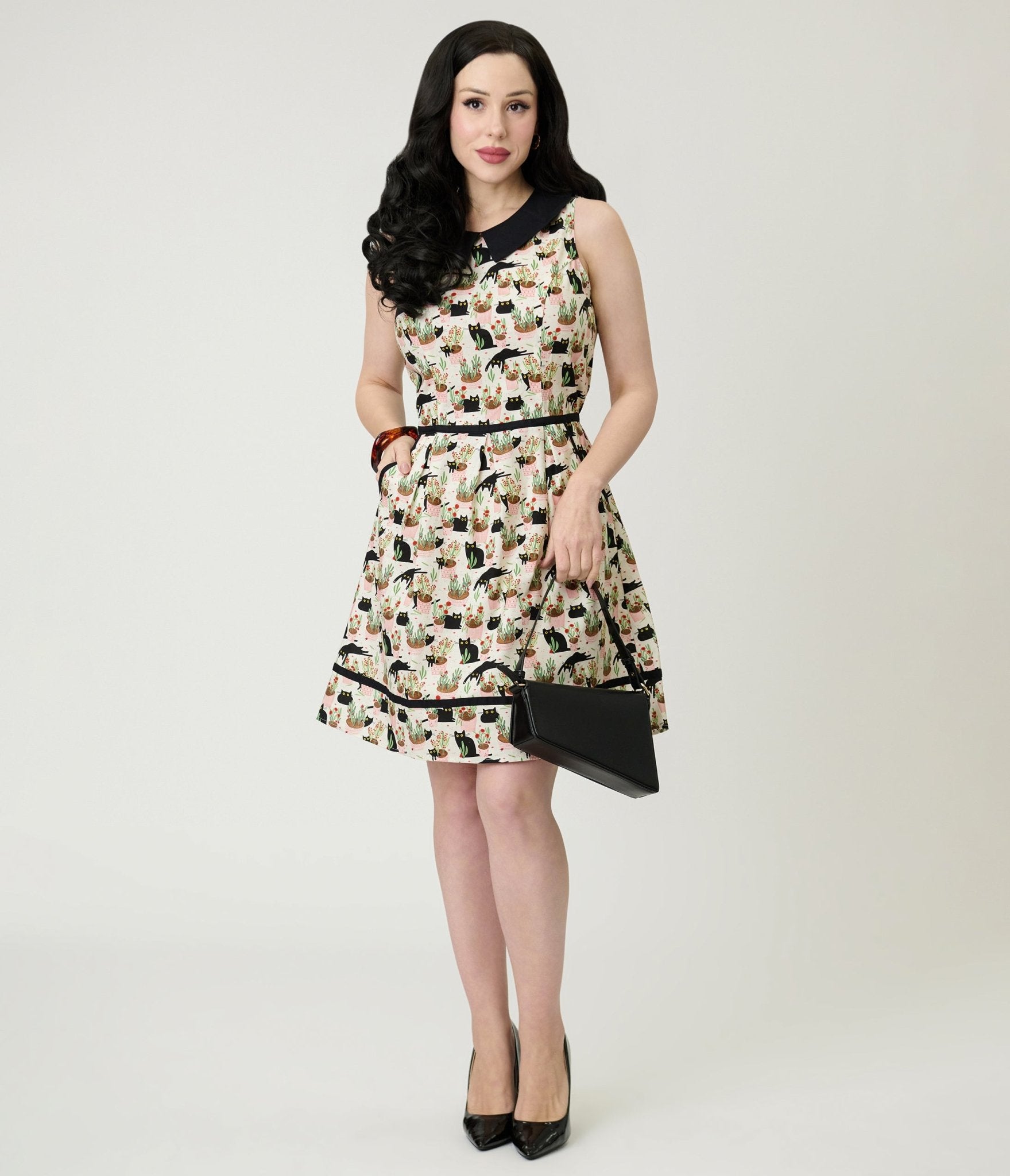 Retrolicious Blacks Cats & Plants Fit & Flare Dress - Unique Vintage - Womens, DRESSES, A - LINE