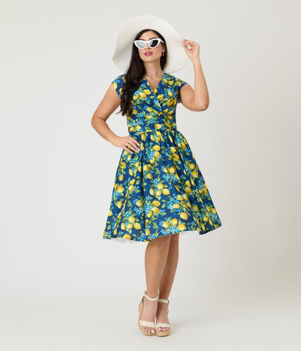 Retrolicious Blue & Lemon Print Cotton Swing Dress - Unique Vintage - Womens, DRESSES, SWING