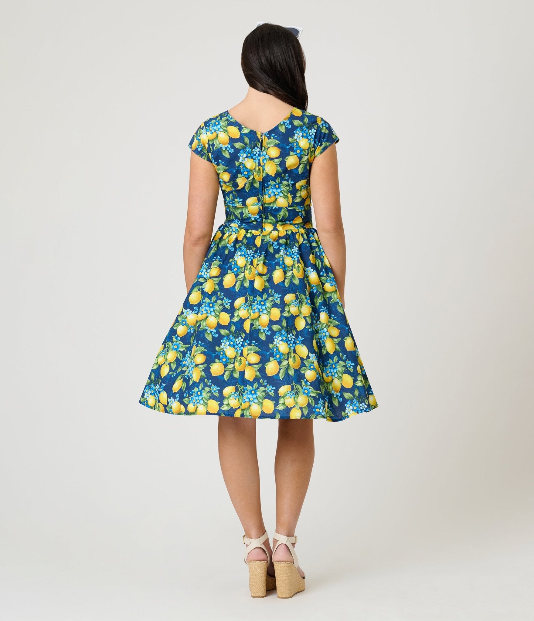 Retrolicious Blue & Lemon Print Cotton Swing Dress - Unique Vintage - Womens, DRESSES, SWING