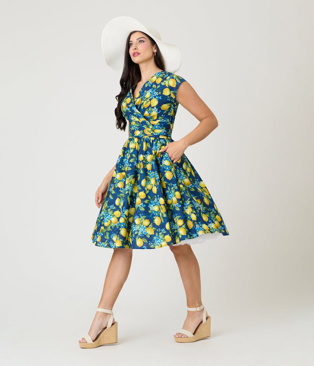 Retrolicious Blue & Lemon Print Cotton Swing Dress - Unique Vintage - Womens, DRESSES, SWING