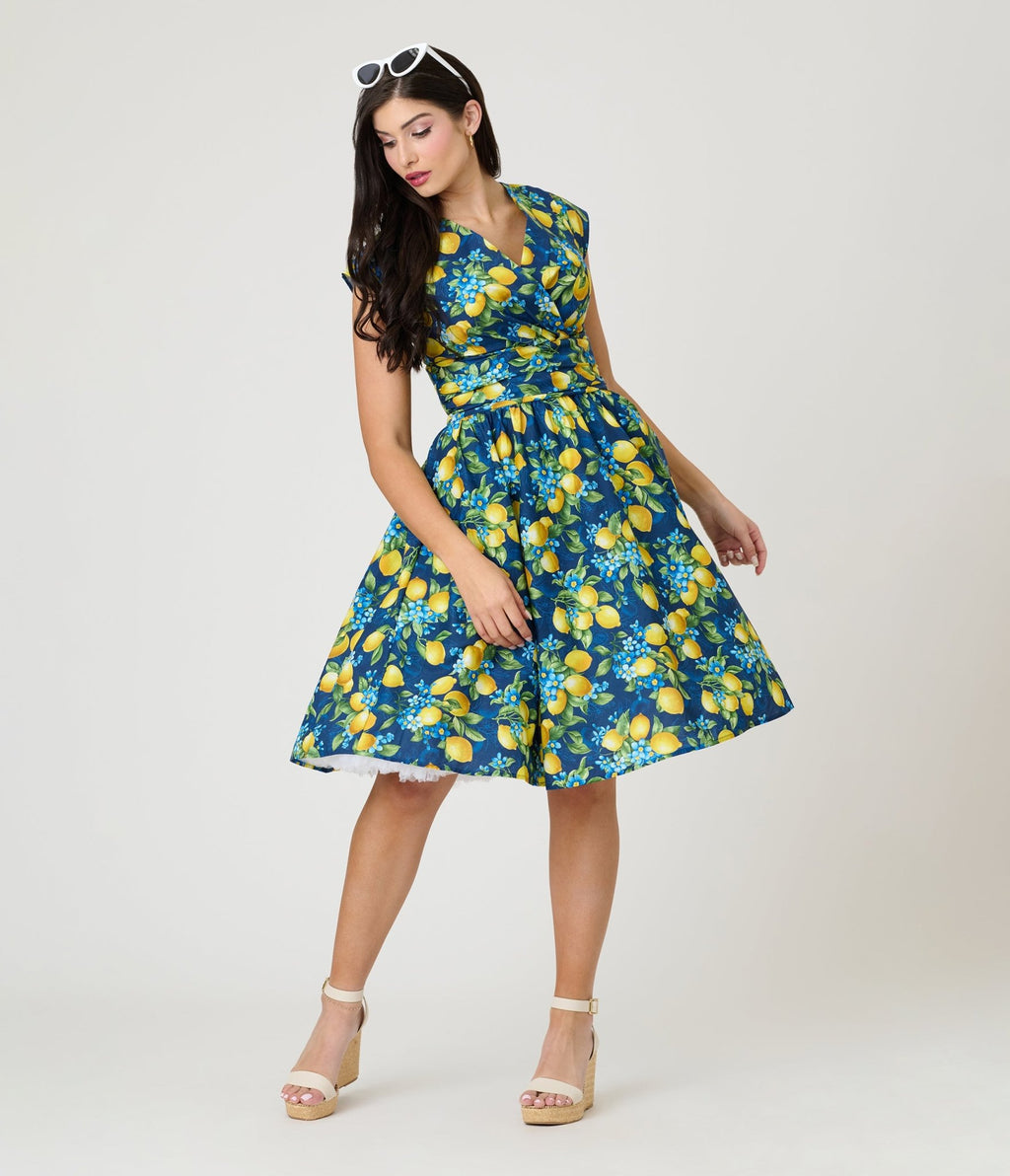 Retrolicious Blue & Lemon Print Cotton Swing Dress - Unique Vintage - Womens, DRESSES, SWING