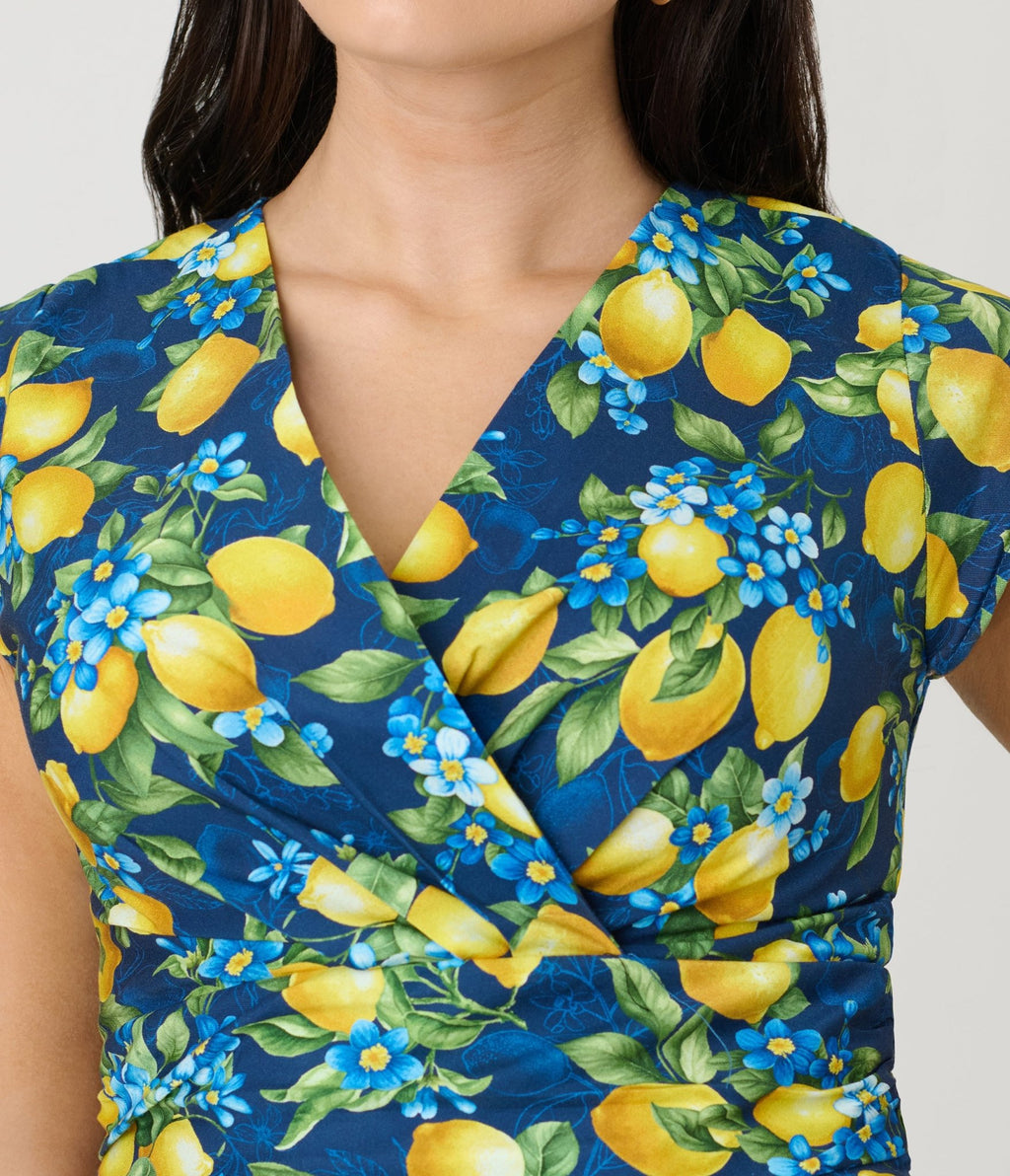 Retrolicious Blue & Lemon Print Cotton Swing Dress - Unique Vintage - Womens, DRESSES, SWING