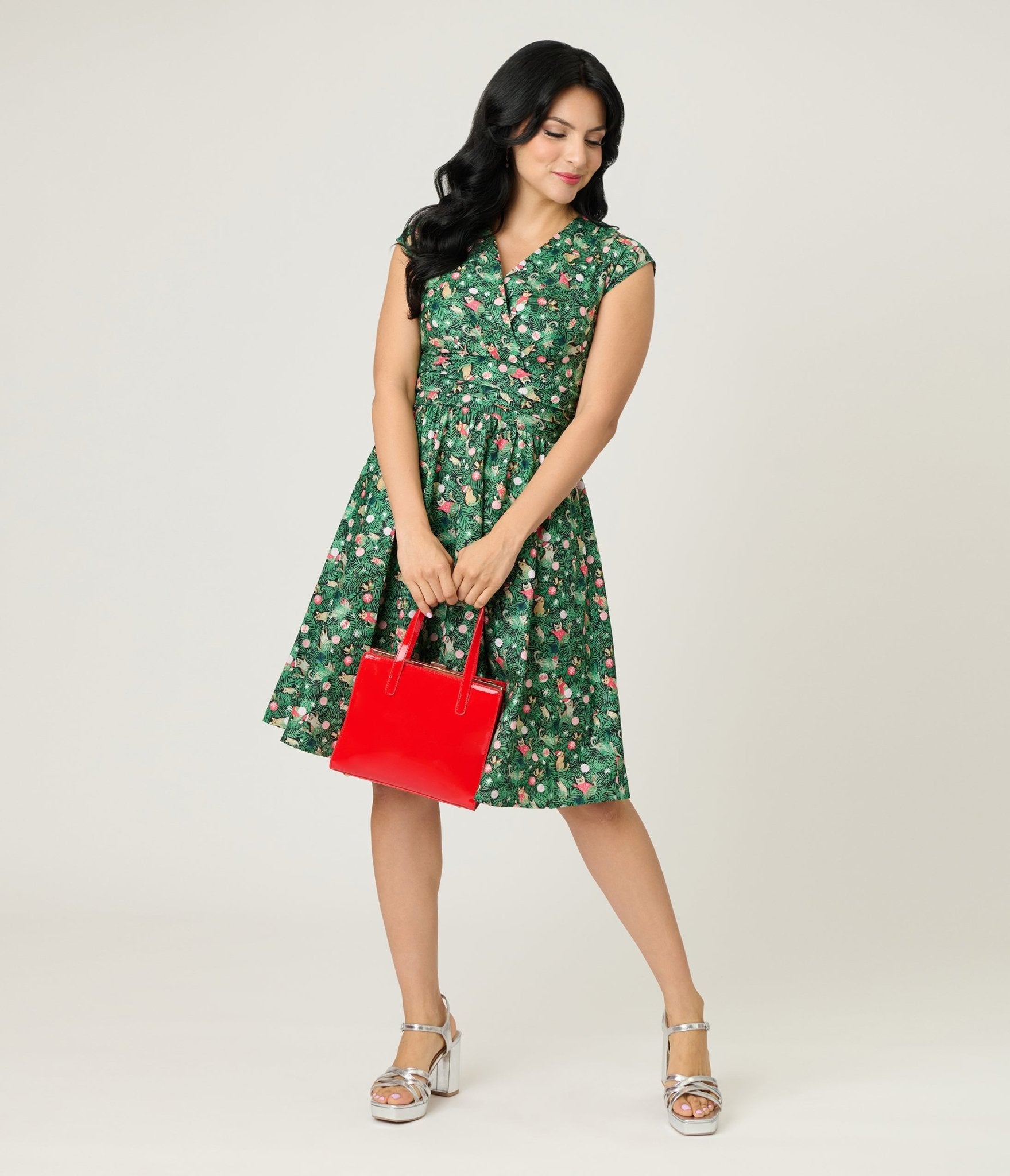 Retrolicious Christmas Tree Cat Cotton Greta Swing Dress – Unique Vintage
