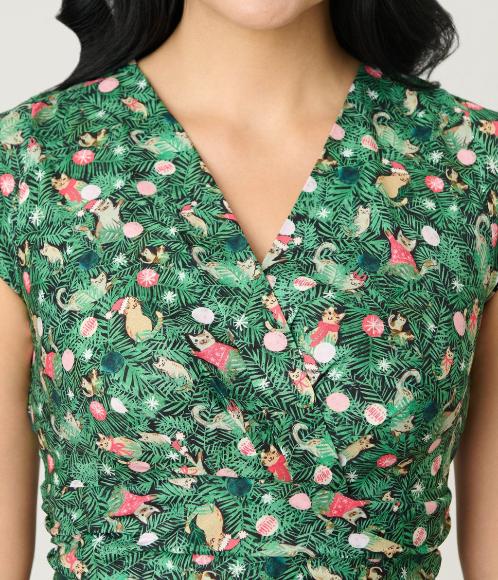 Retrolicious Christmas Tree Cat Cotton Swing Dress - Unique Vintage - Womens, DRESSES, SWING