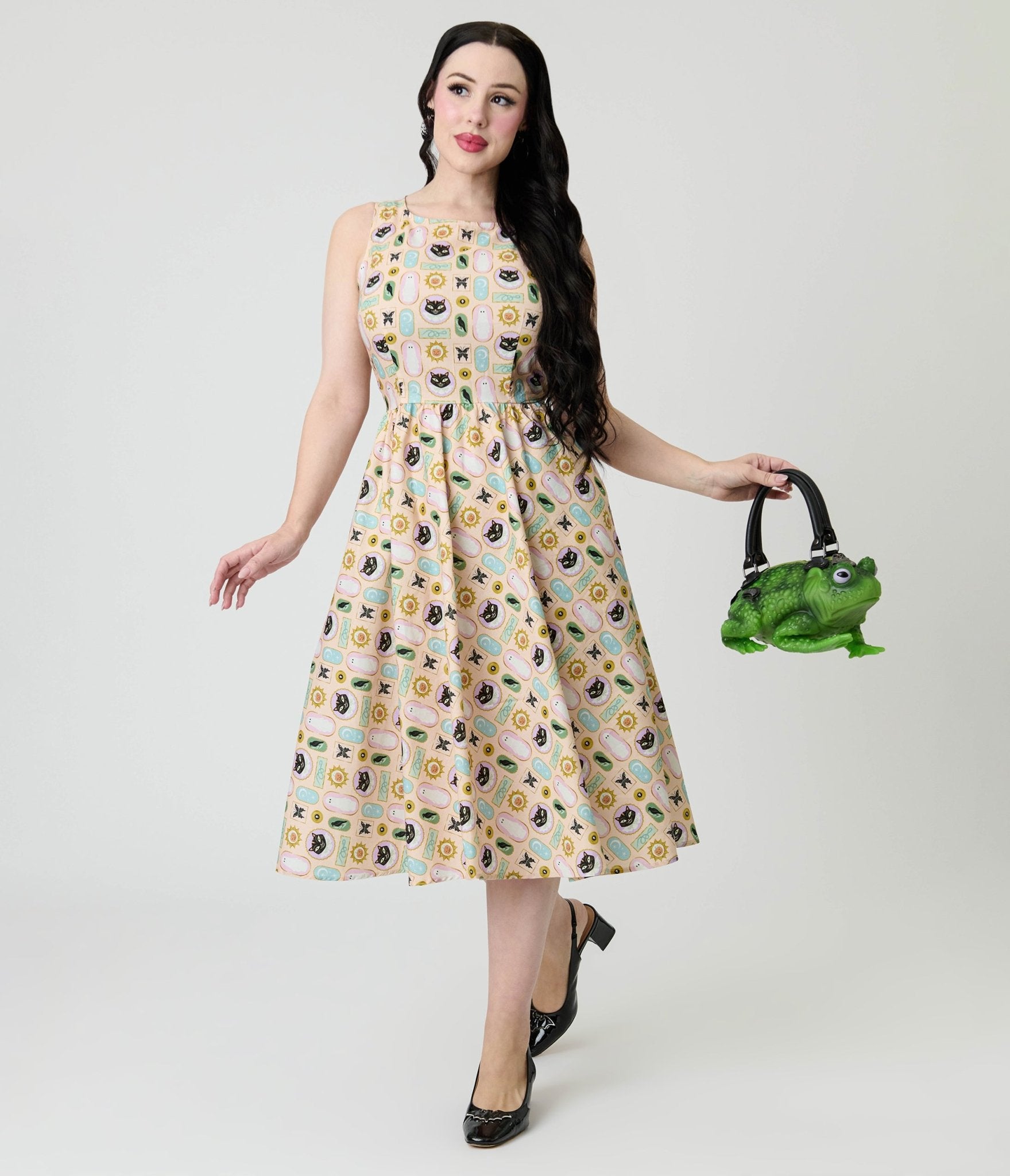 Retrolicious Cream Spooky Frames Cotton Midi Dress - Unique Vintage - Womens, DRESSES, MIDI