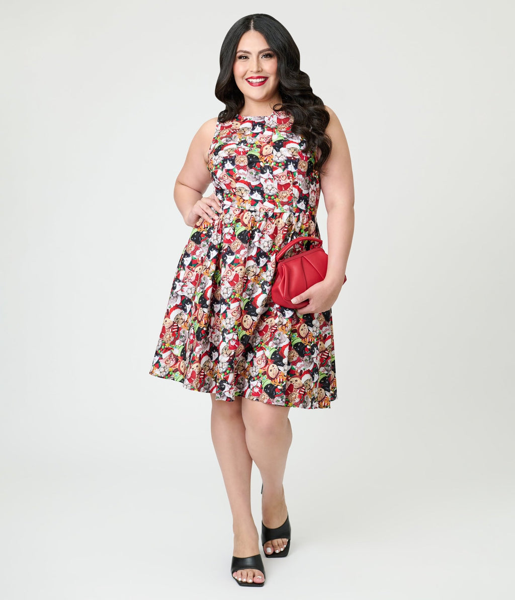 Retrolicious Holiday Cat Cotton Flare Dress - Unique Vintage - Womens, DRESSES, FIT AND FLARE