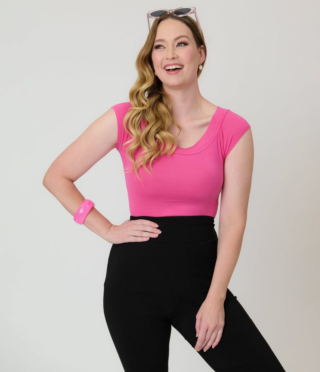 Retrolicious Hot Pink Retro Boat Neck Knit Top - Unique Vintage - Womens, TOPS, SHIRTS
