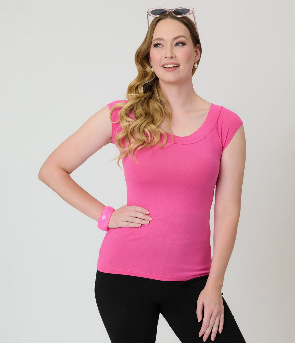 Retrolicious Hot Pink Retro Boat Neck Knit Top - Unique Vintage - Womens, TOPS, SHIRTS