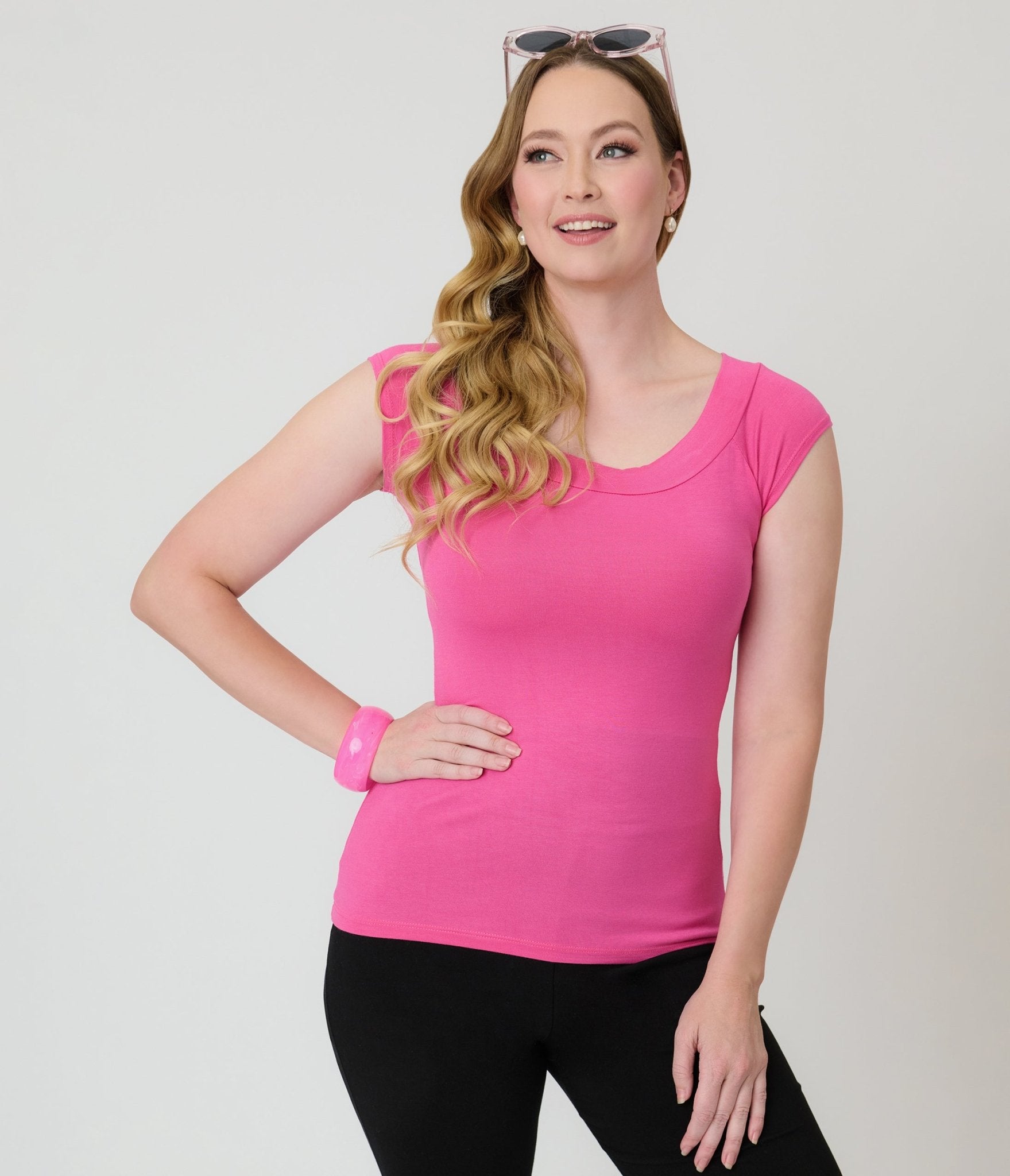 Retrolicious Hot Pink Retro Boat Neck Knit Top - Unique Vintage - Womens, TOPS, SHIRTS