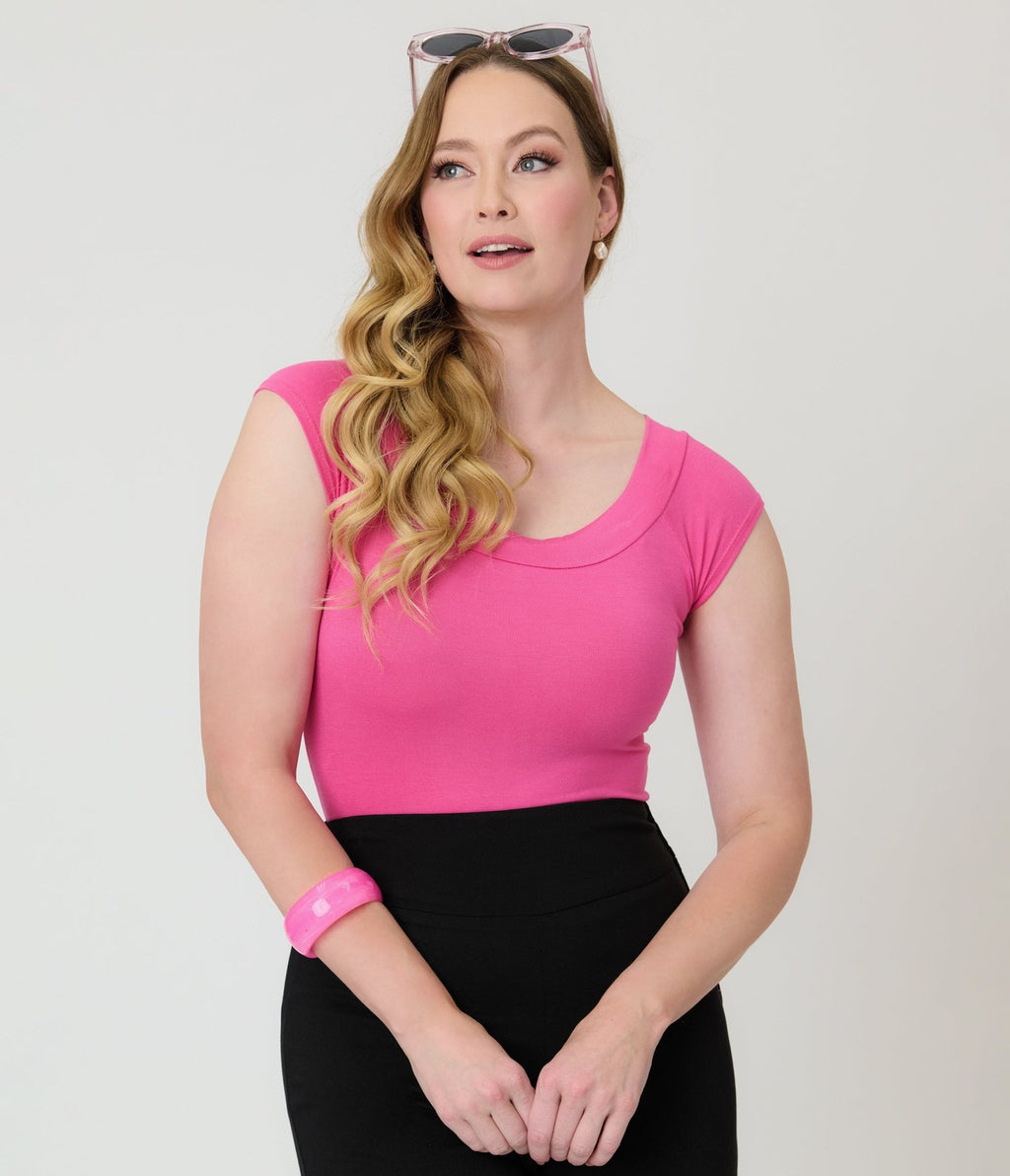 Retrolicious Hot Pink Retro Boat Neck Knit Top - Unique Vintage - Womens, TOPS, SHIRTS