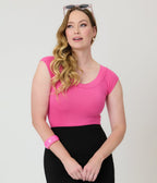Retrolicious Hot Pink Retro Boat Neck Knit Top - Unique Vintage - Womens, TOPS, SHIRTS