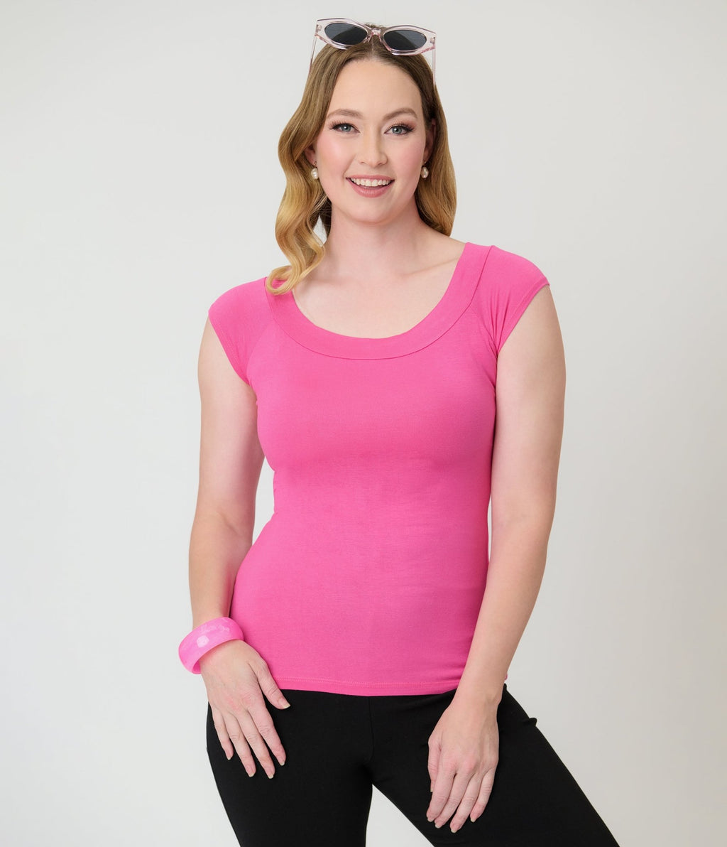 Retrolicious Hot Pink Retro Boat Neck Knit Top - Unique Vintage - Womens, TOPS, SHIRTS