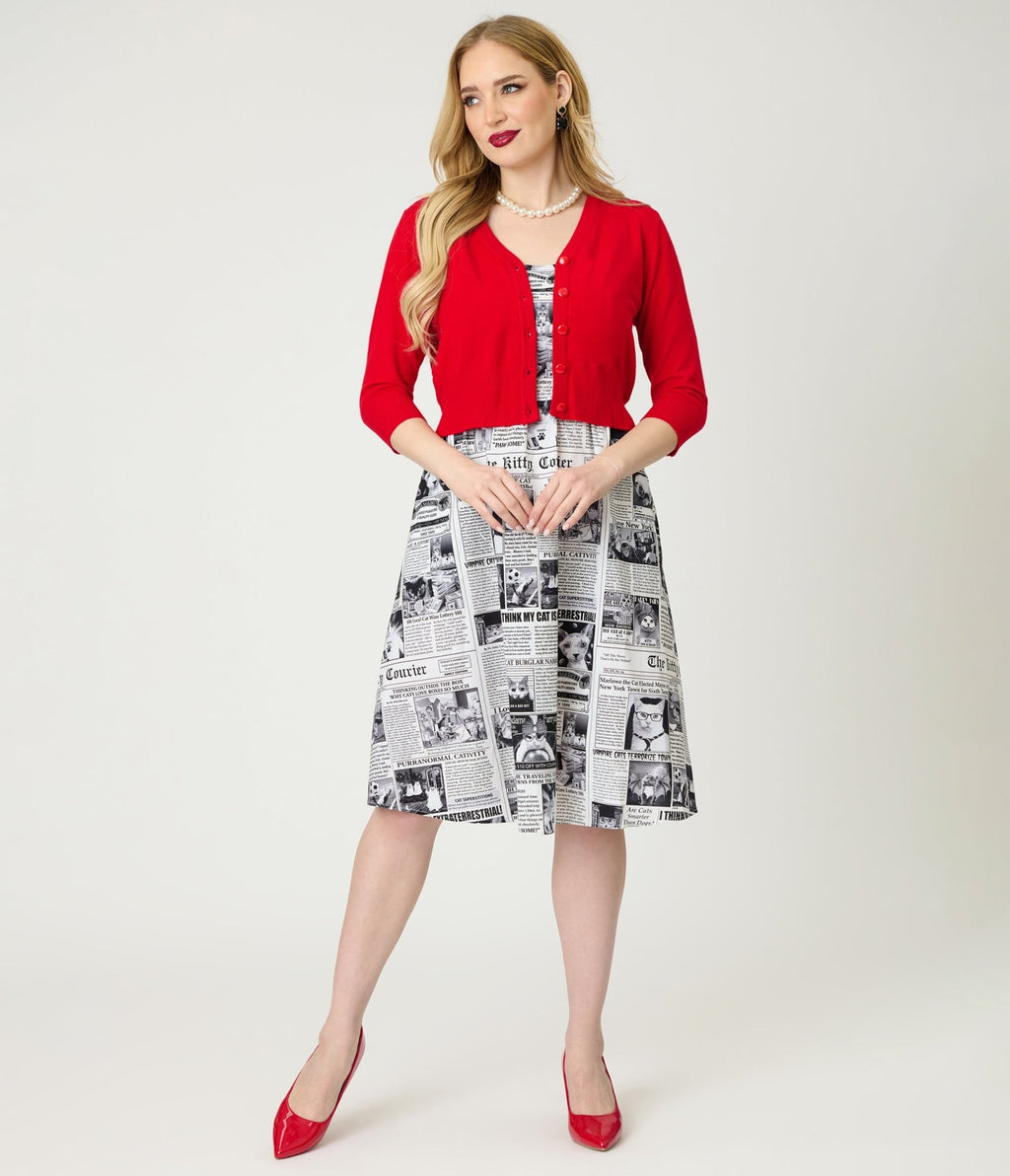 Retrolicious Newspaper Print Cotton Flare Dress Small Retrolicious Newspaper Print Cotton Flare Dress Small