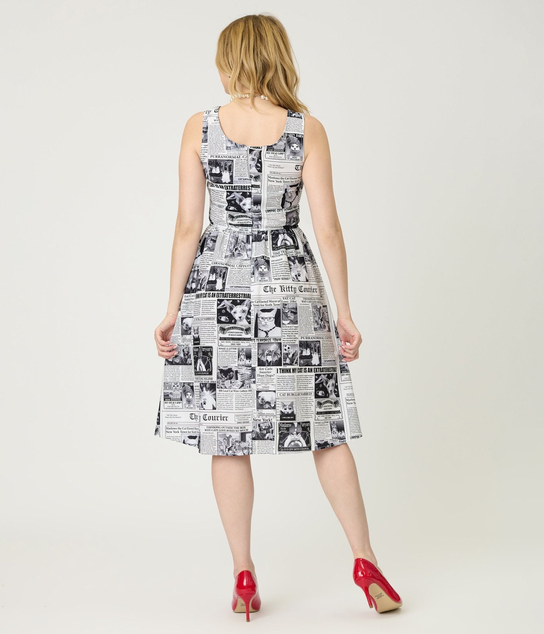 Retrolicious Newspaper Print Cotton Flare Dress - Unique Vintage - Womens, DRESSES, SWING