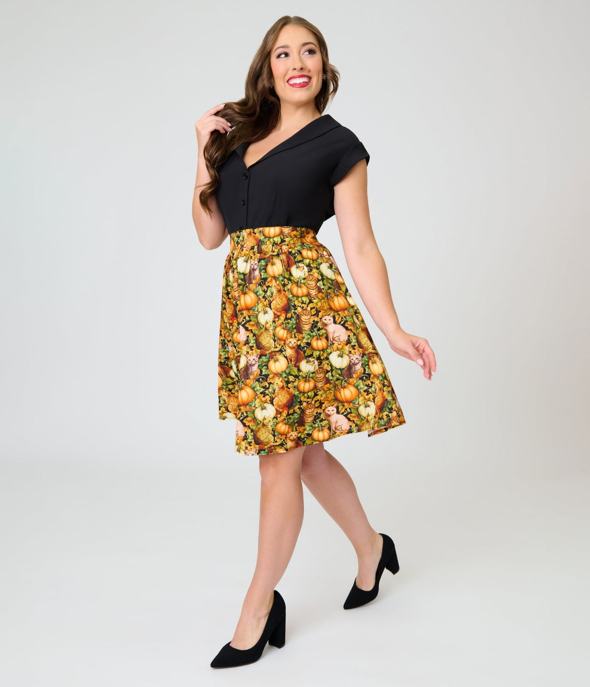 Retrolicious Orange Cats & Pumpkins Skater Skirt - Unique Vintage - Fit & Flare Skirts