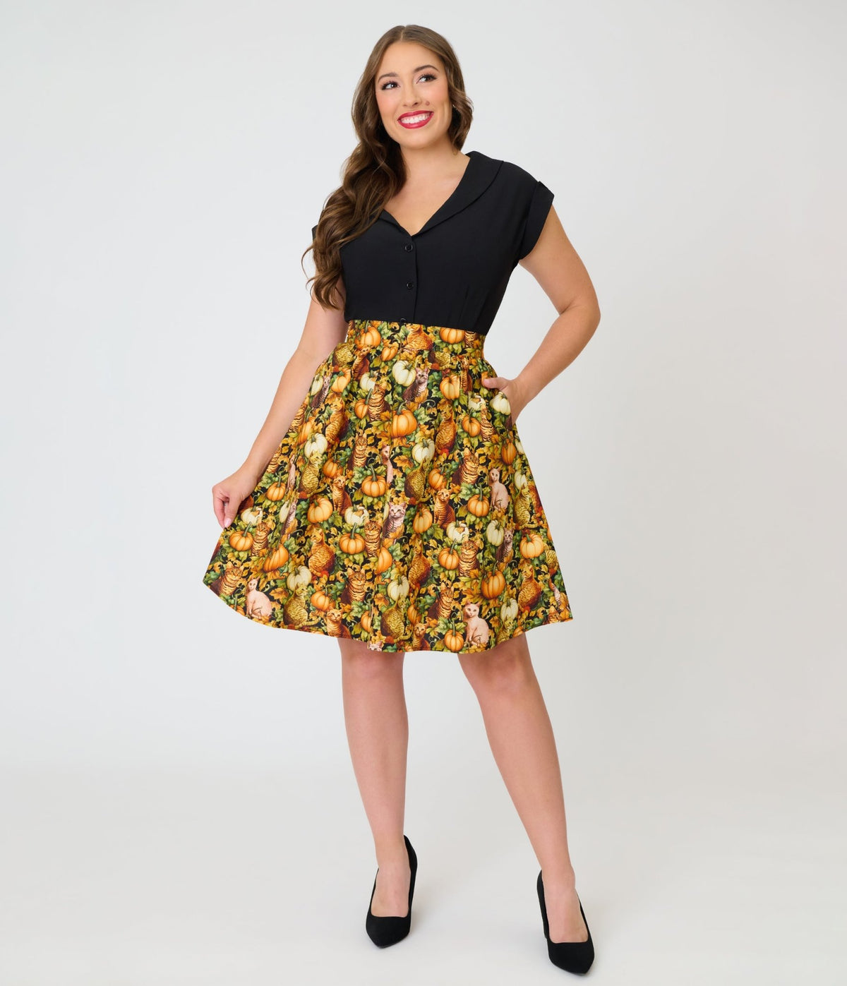 Retrolicious Orange Cats & Pumpkins Skater Skirt - Unique Vintage - Fit & Flare Skirts
