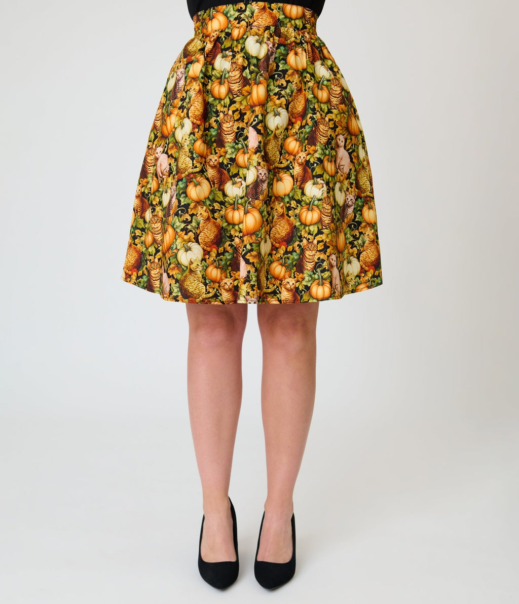 Retrolicious Orange Cats & Pumpkins Skater Skirt - Unique Vintage - Fit & Flare Skirts