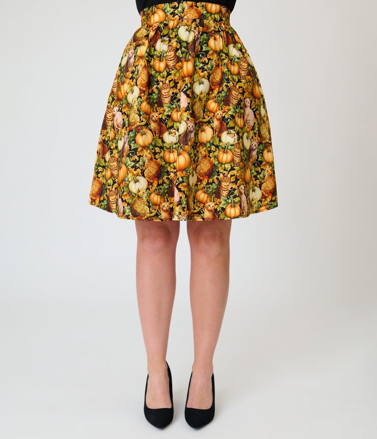 Retrolicious Orange Cats & Pumpkins Skater Skirt - Unique Vintage - Fit & Flare Skirts