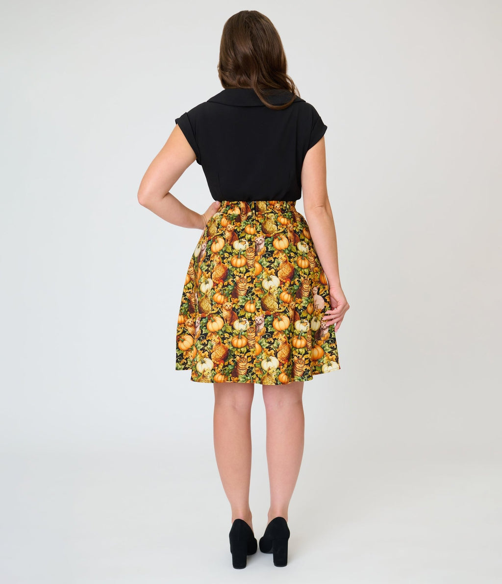 Retrolicious Orange Cats & Pumpkins Skater Skirt - Unique Vintage - Fit & Flare Skirts