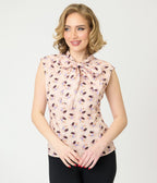 Retrolicious Peach Hedgehog Cotton Bow Blouse - Unique Vintage - Womens, TOPS, WOVEN TOPS