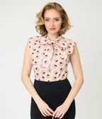 Retrolicious Peach Hedgehog Cotton Bow Blouse - Unique Vintage - Womens, TOPS, WOVEN TOPS