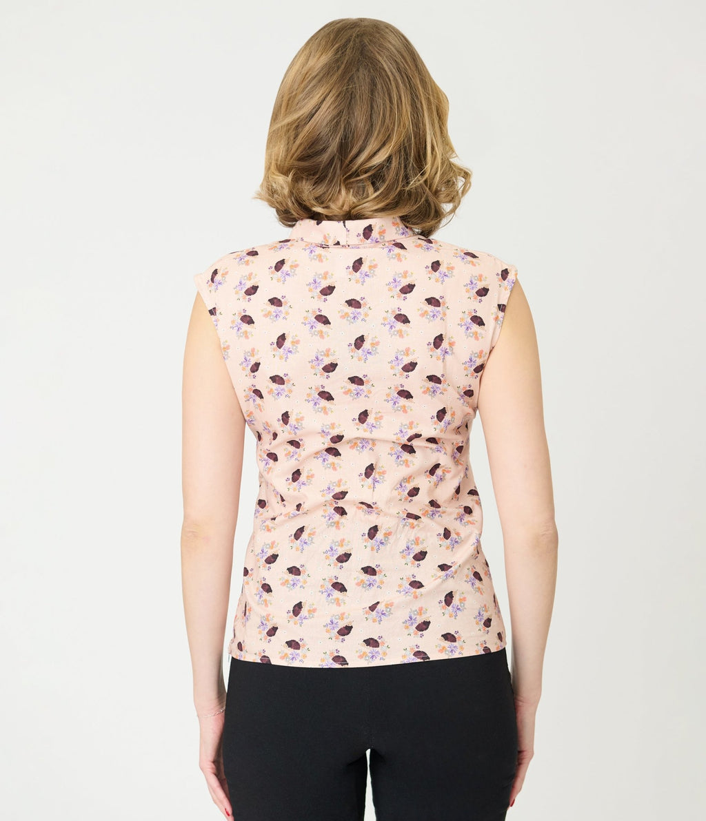 Retrolicious Peach Hedgehog Cotton Bow Blouse - Unique Vintage - Womens, TOPS, WOVEN TOPS