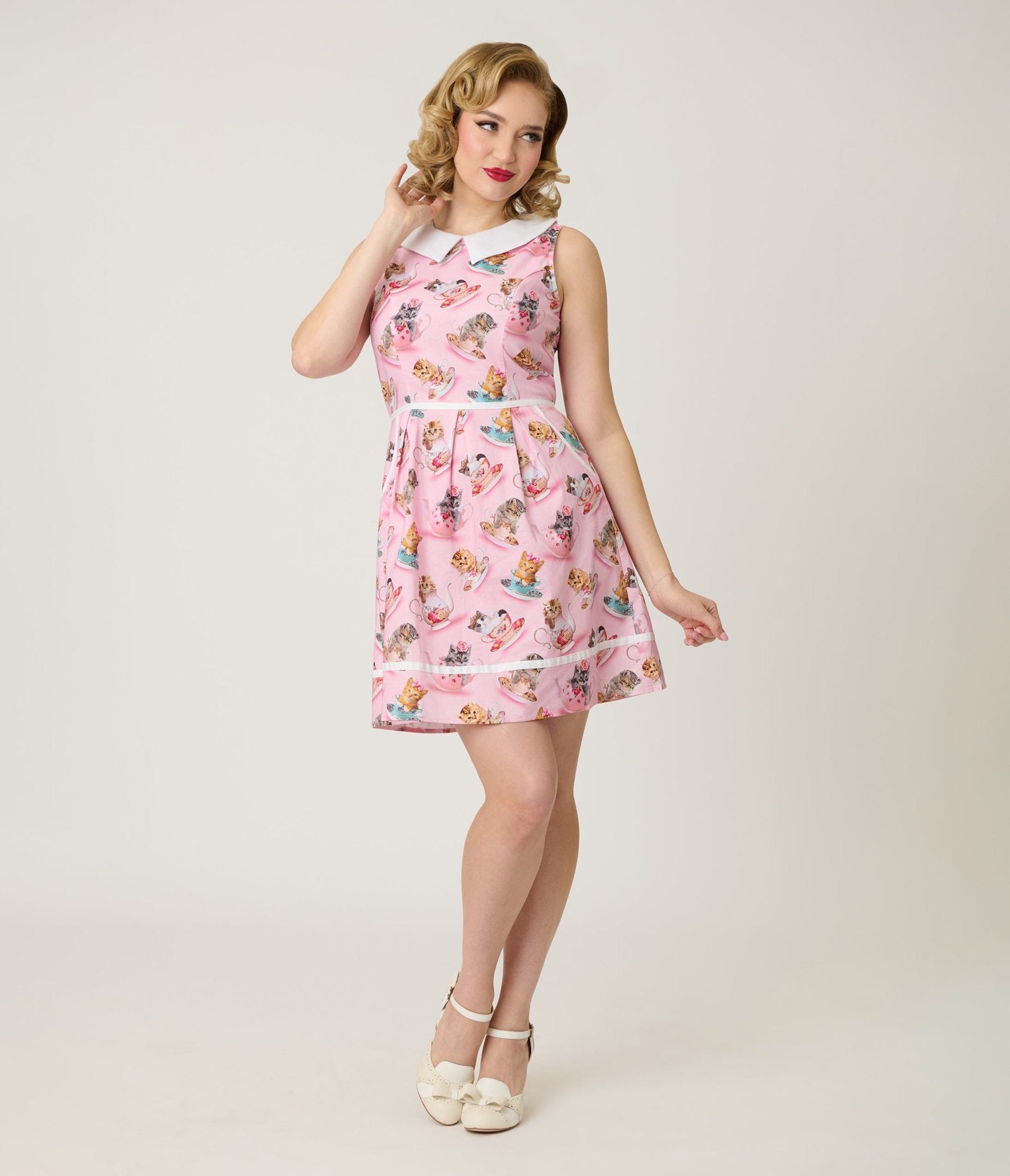 Retrolicious Pink Cats & Teacups Cotton Collared Dress - Unique Vintage - Womens, DRESSES, SWING