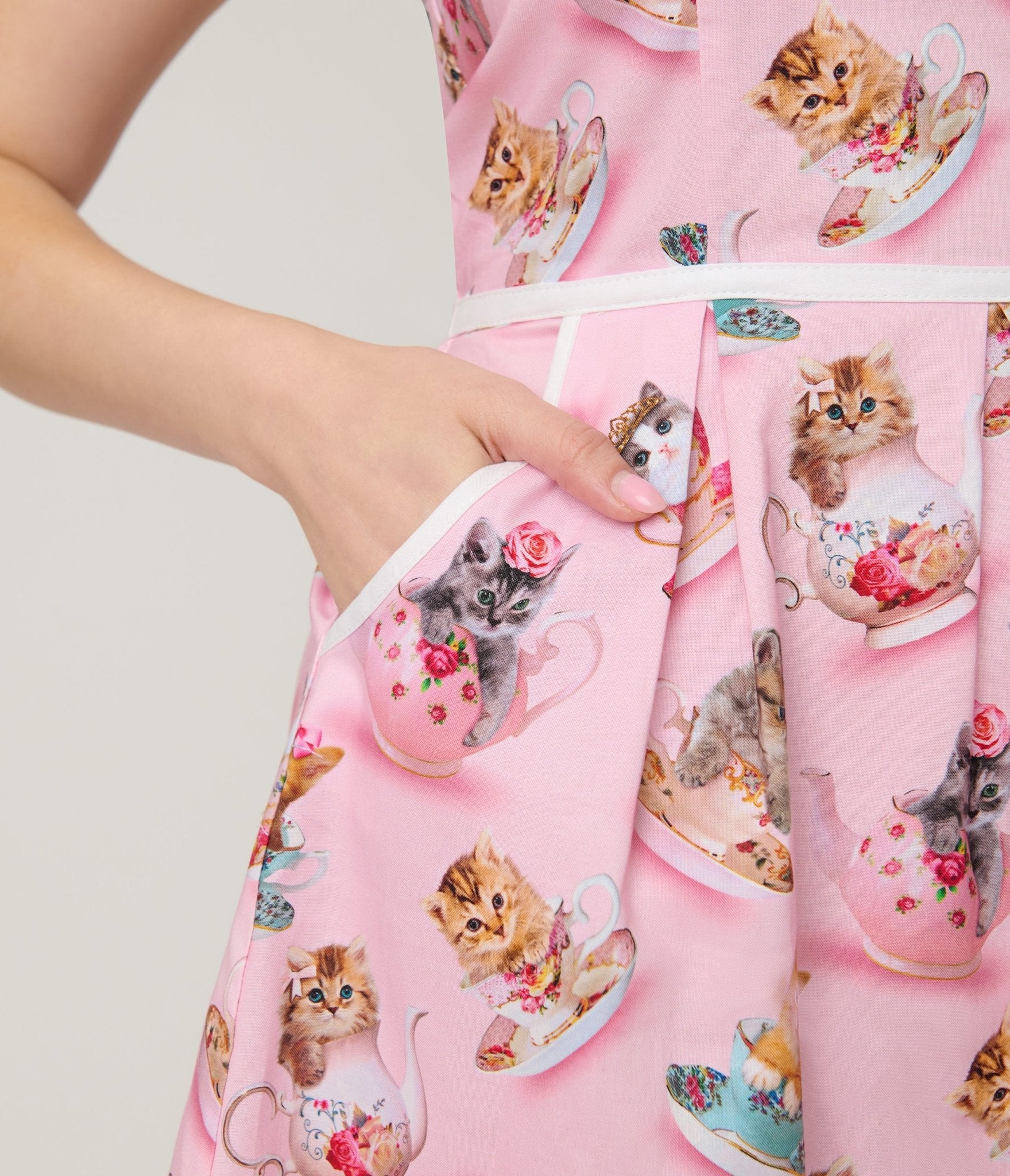 Retrolicious Pink Cats & Teacups Cotton Collared Dress - Unique Vintage - Womens, DRESSES, SWING