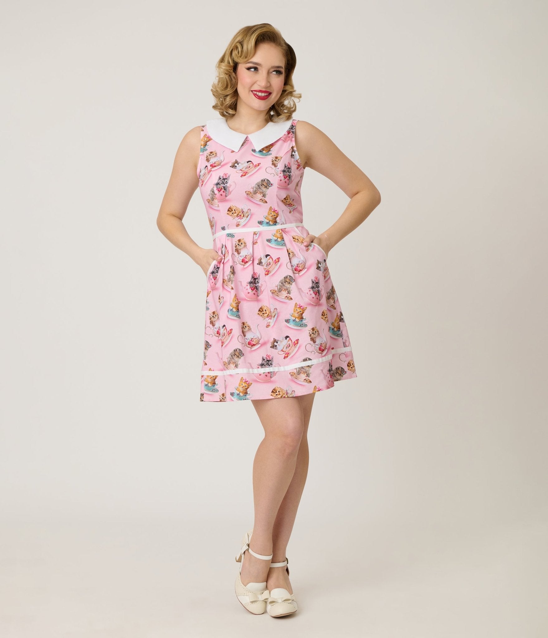 Retrolicious Pink Cats & Teacups Cotton Collared Dress - Unique Vintage - Womens, DRESSES, SWING