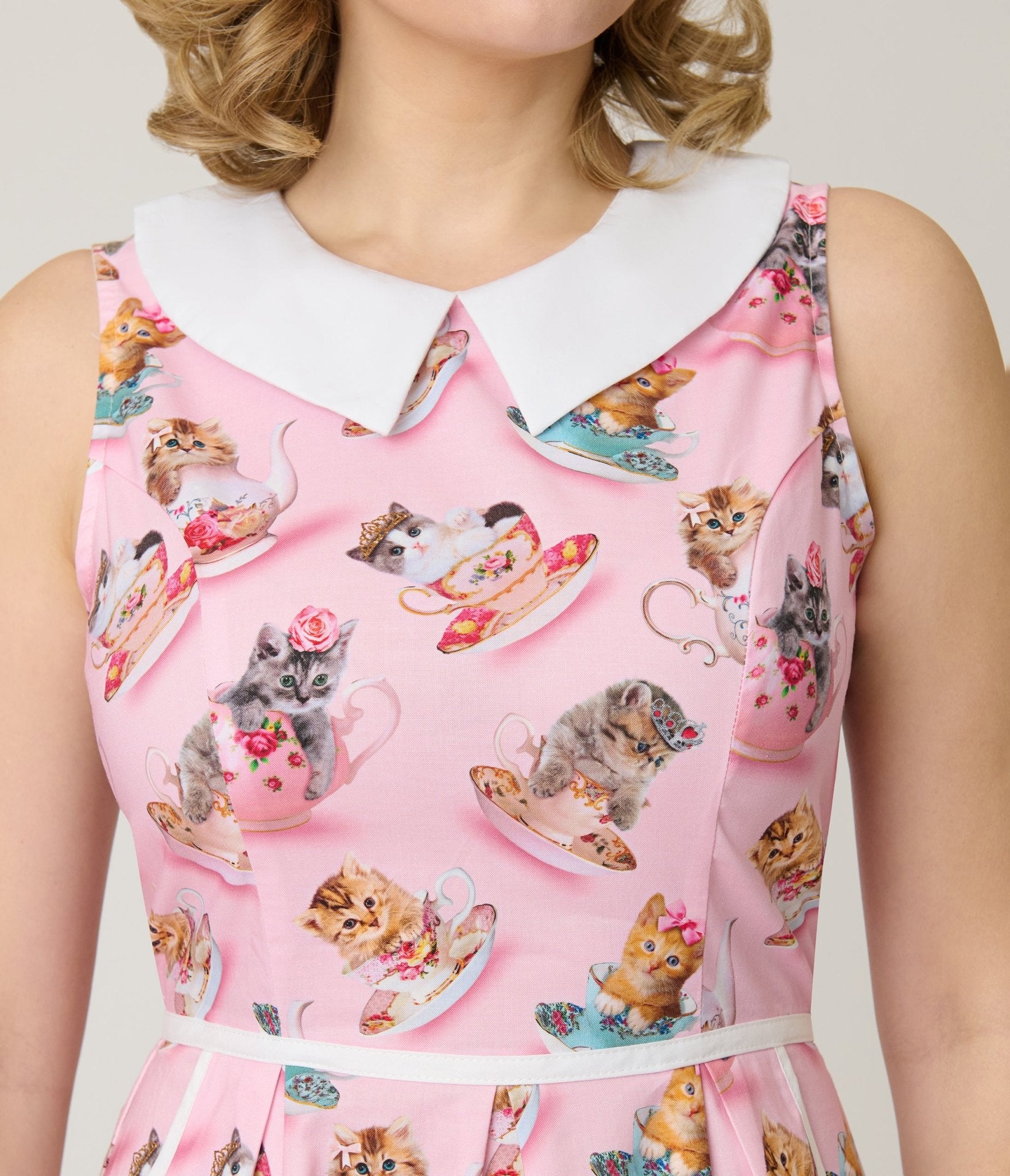 Retrolicious Pink Cats & Teacups Cotton Collared Dress - Unique Vintage - Womens, DRESSES, SWING