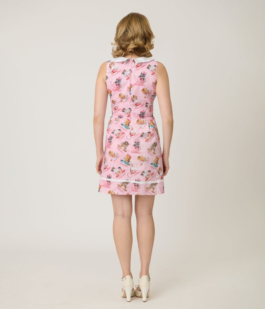 Retrolicious Pink Cats & Teacups Cotton Collared Dress - Unique Vintage - Womens, DRESSES, SWING