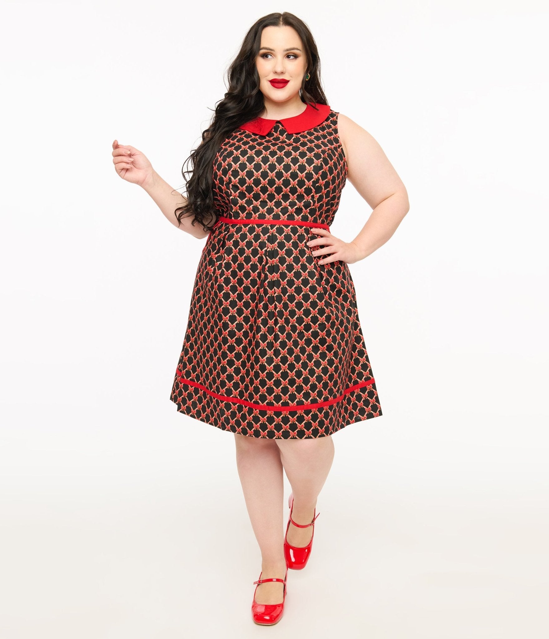 Retrolicious Plus Size 1950s Black & Red Bow Cotton Fit & Flare Dress - Unique Vintage - Womens, DRESSES, FIT AND FLARE