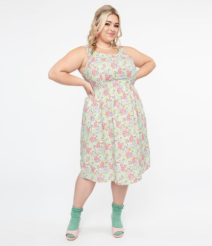 Retrolicious Plus Size 1950s Green Floral Cat Print Fit & Flare Dress - Unique Vintage - Womens, DRESSES, FIT AND FLARE