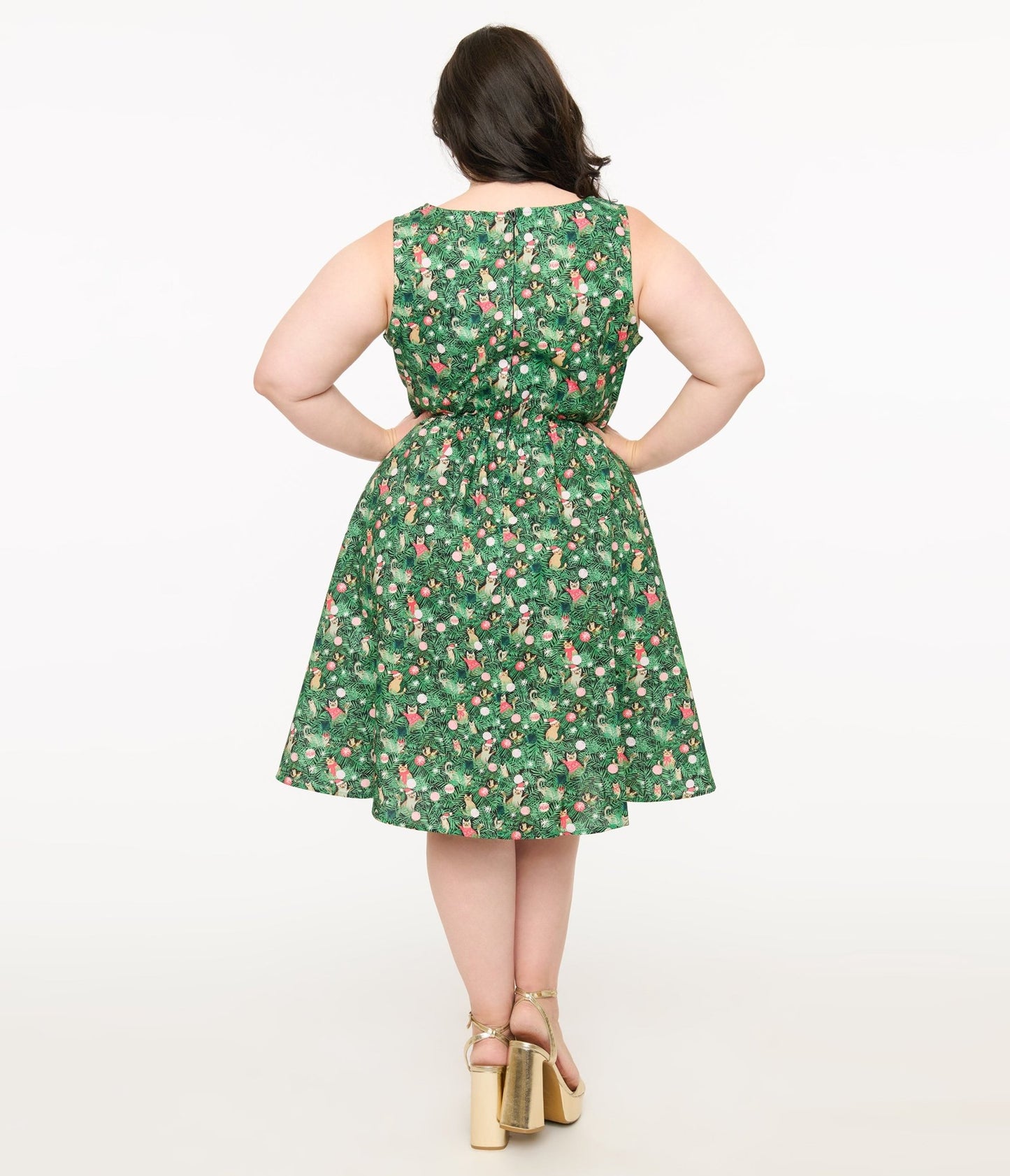 Retrolicious Plus Size 1950s Green Holiday Cat Print Cotton Swing Dress - Unique Vintage - Womens, DRESSES, SWING