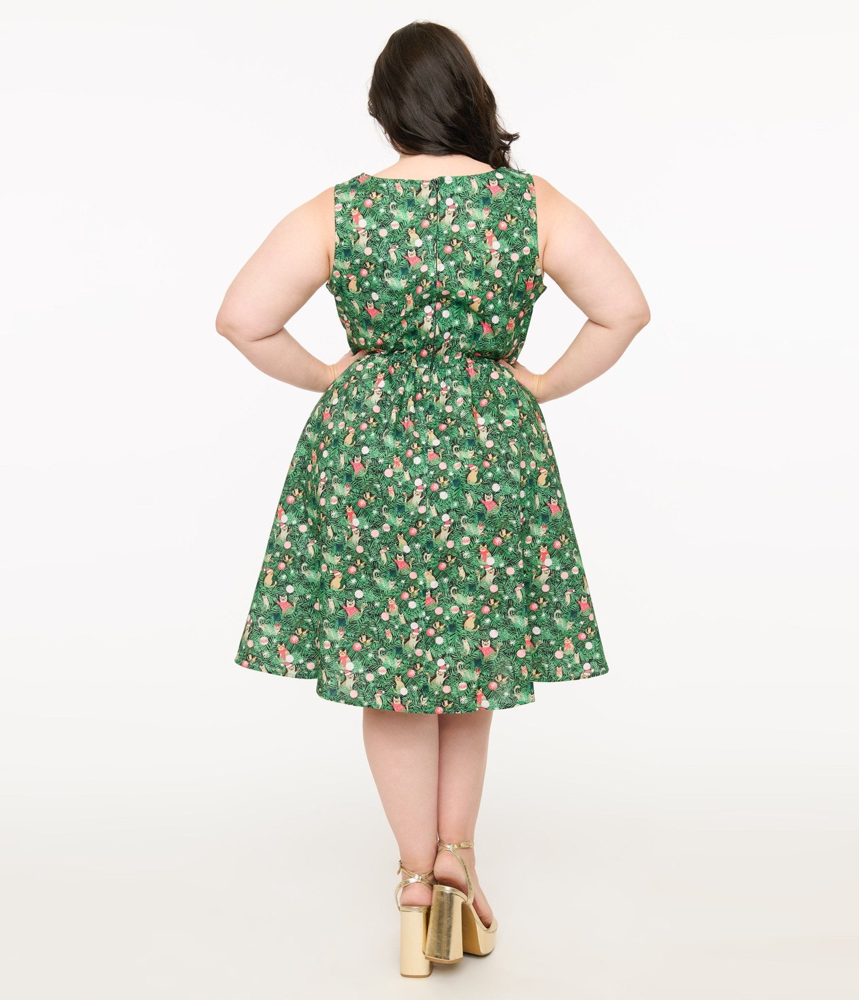 Retrolicious Plus Size 1950s Green Holiday Cat Print Cotton Swing Dress - Unique Vintage - Womens, DRESSES, SWING