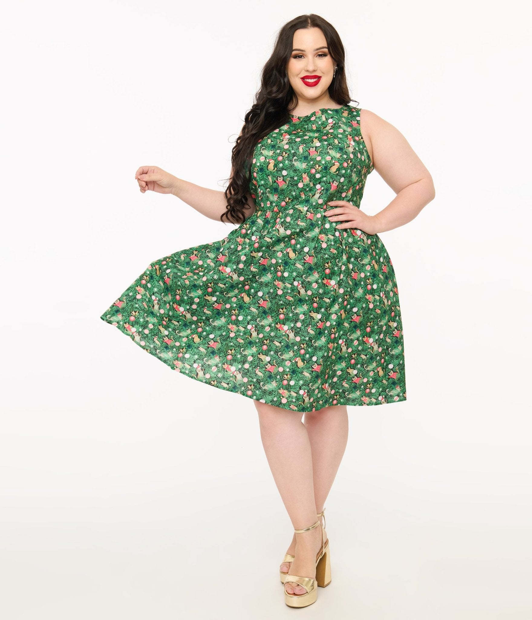 Retrolicious Plus Size 1950s Green Holiday Cat Print Cotton Swing Dress - Unique Vintage - Womens, DRESSES, SWING