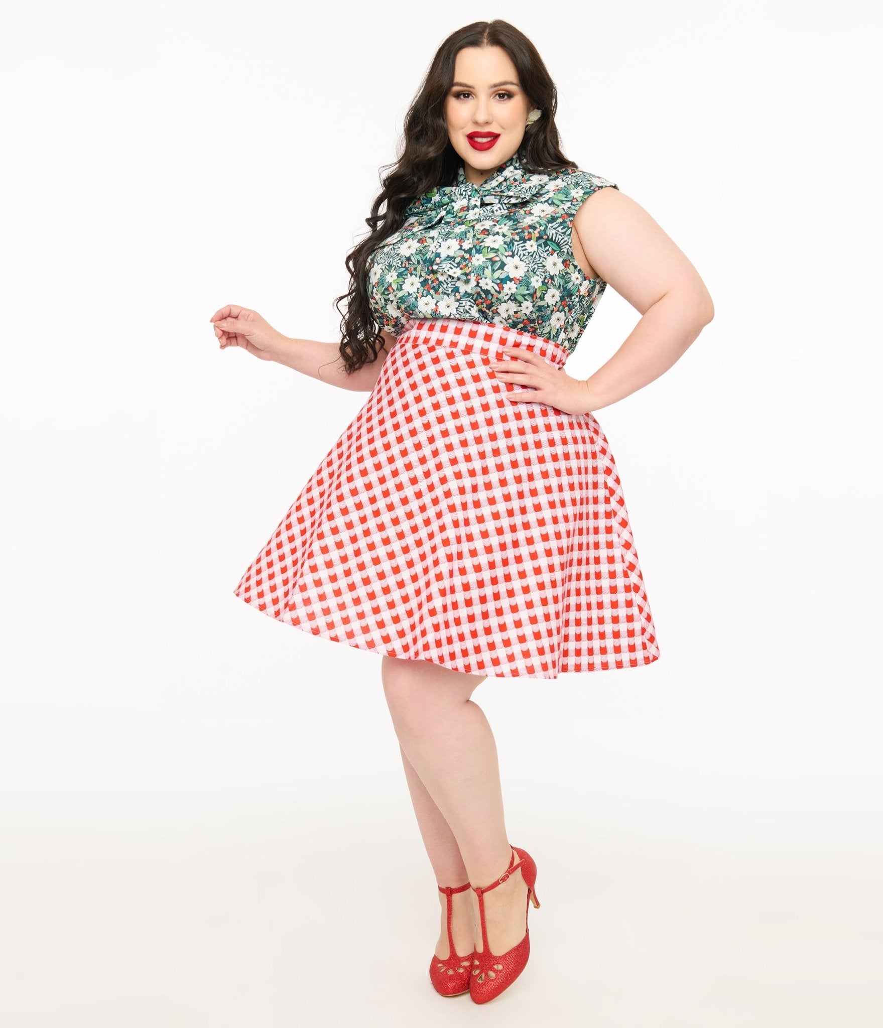 Retrolicious Plus Size 1950s Red Check Skater Skirt - Unique Vintage - Womens, BOTTOMS, SKIRTS