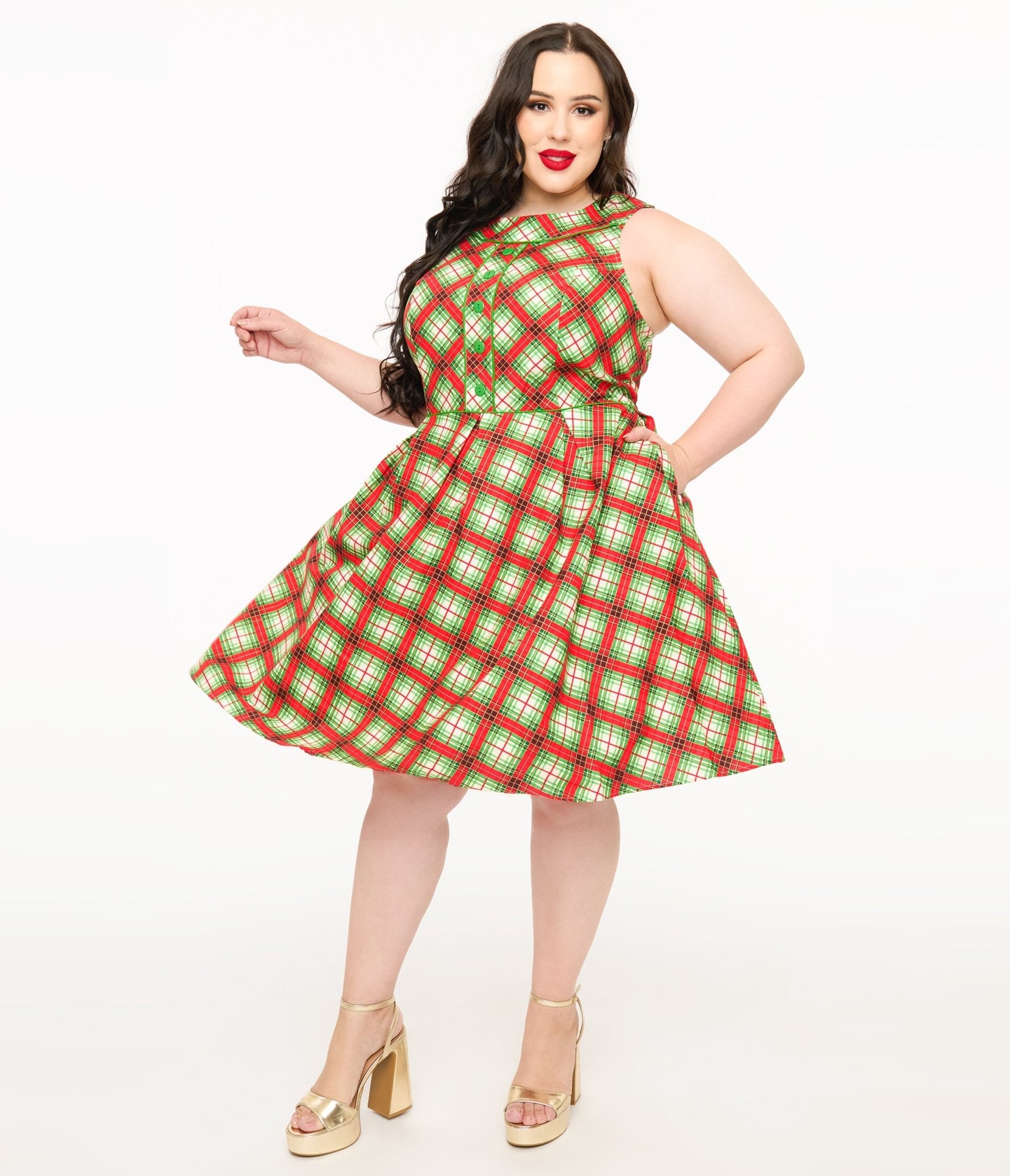 Retrolicious Plus Size 1950s Red Tartan Holiday Elizabeth Swing Dress - Unique Vintage - Womens, DRESSES, SWING
