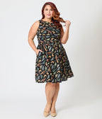 Retrolicious Plus Size Black & Dinosaur Print Cotton Flare Dress - Unique Vintage - Womens, DRESSES, MIDI