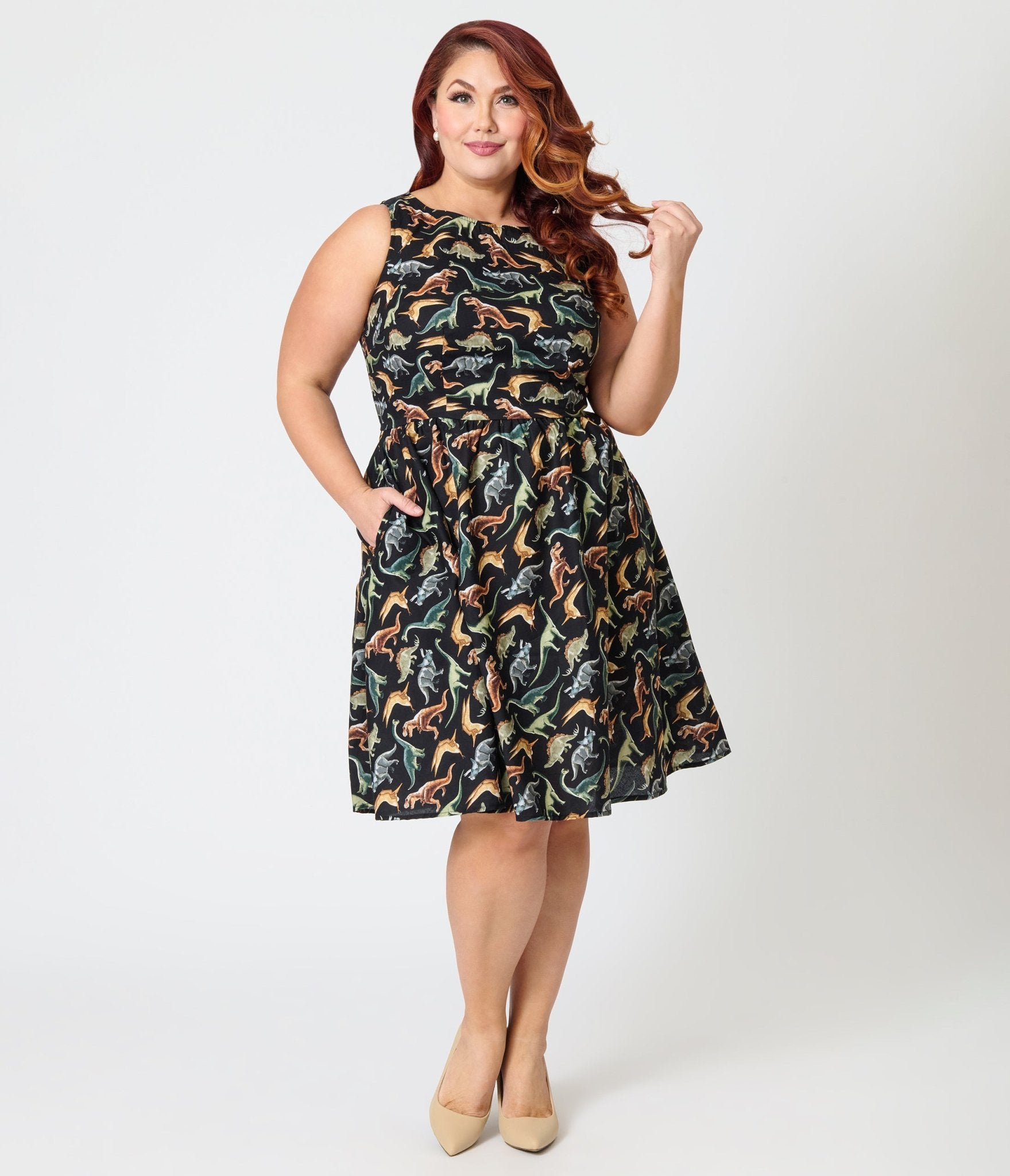 Retrolicious Plus Size Black & Dinosaur Print Cotton Flare Dress - Unique Vintage - Womens, DRESSES, MIDI