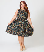 Retrolicious Plus Size Black & Dinosaur Print Cotton Flare Dress - Unique Vintage - Womens, DRESSES, MIDI