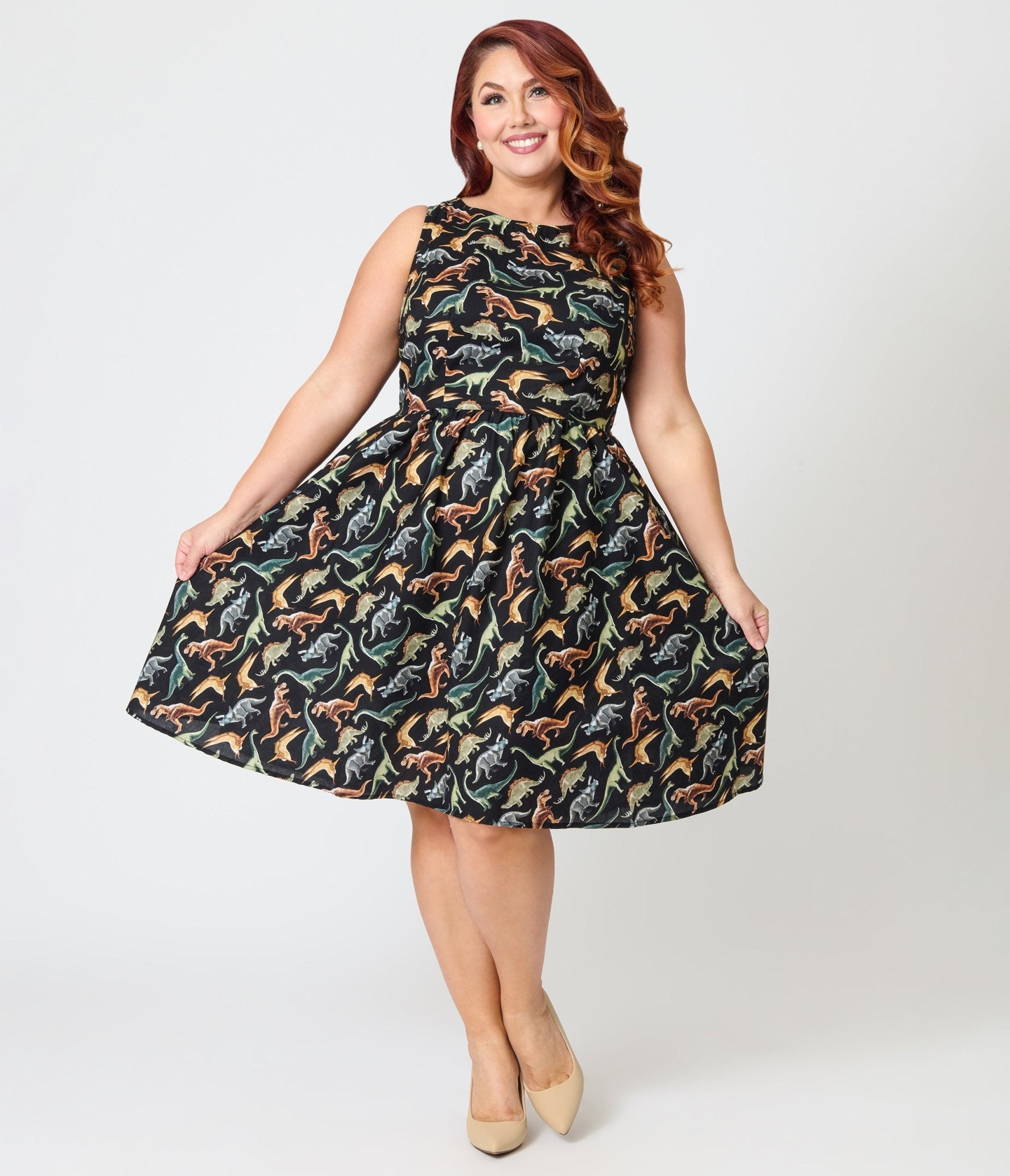 Retrolicious Plus Size Black & Dinosaur Print Cotton Flare Dress - Unique Vintage - Womens, DRESSES, MIDI