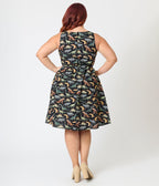 Retrolicious Plus Size Black & Dinosaur Print Cotton Flare Dress - Unique Vintage - Womens, DRESSES, MIDI
