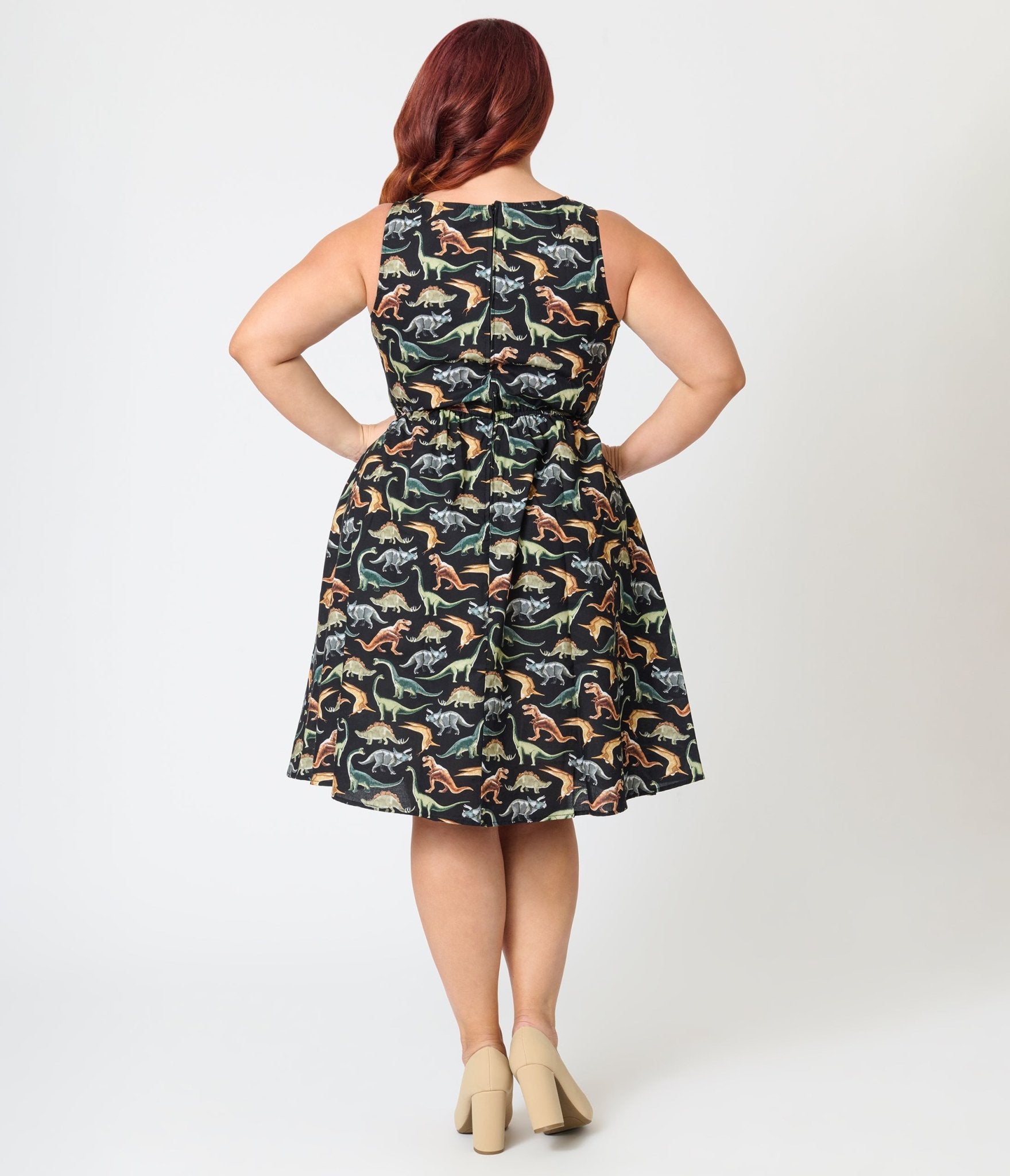 Retrolicious Plus Size Black & Dinosaur Print Cotton Flare Dress - Unique Vintage - Womens, DRESSES, MIDI